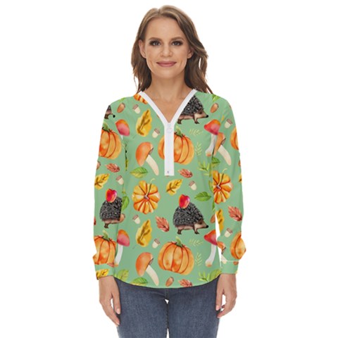 Autumn Seamless Background Leaves Wallpaper Texture Zip Up Long Sleeve Blouse by Bangk1t