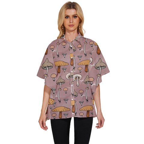 Mushrooms Autumn Fall Pattern Seamless Decorative Women s Batwing Button Up Shirt by pakminggu