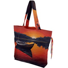 Boat Sunset Lake Water Nature Drawstring Tote Bag by Ravend