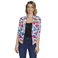 Sea Creature Themed Artwork Underwater Background Pictures Women s Draped Front 3/4 Sleeve Shawl Collar Jacket by Grandong