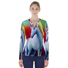 Unicorn Design V-neck Long Sleeve Top by Trending