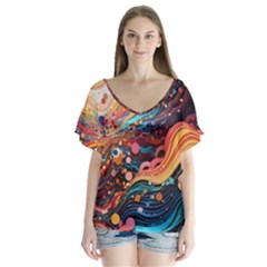 Pattern Abstract V-neck Flutter Sleeve Top by Grandong