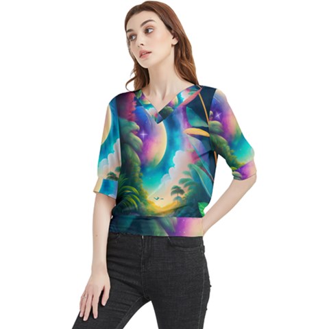 Jungle Moon Light Plants Space Quarter Sleeve Blouse by uniart180623
