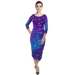 Realistic Night Sky With Constellations Quarter Sleeve Midi Velour Bodycon Dress by Cowasu