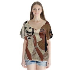 Hieroglyphics-goddess-queen V-neck Flutter Sleeve Top by Bedest