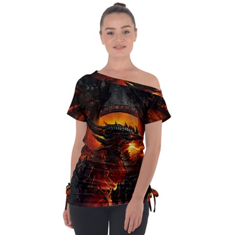 Dragon Fire Fantasy Art Off Shoulder Tie-up T-shirt by Cowasu