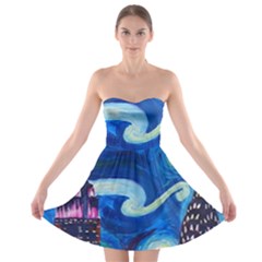 Starry Night In New York Van Gogh Manhattan Chrysler Building And Empire State Building Strapless Bra Top Dress by Sarkoni