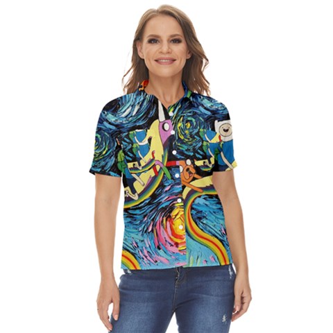 Cartoon Parody  Art Starry Night Van Gogh Women s Short Sleeve Double Pocket Shirt by Sarkoni