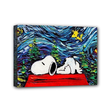 Dog Cartoon Vincent Van Gogh s Starry Night Parody Mini Canvas 7  X 5  (stretched) by Sarkoni