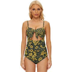 Sunflowers Yellow Flowers Flowers Digital Drawing Knot Front One-piece Swimsuit by Ravend