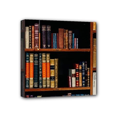 Assorted Title Of Books Piled In The Shelves Assorted Book Lot Inside The Wooden Shelf Mini Canvas 4  X 4  (stretched) by Ravend