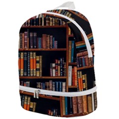 Assorted Title Of Books Piled In The Shelves Assorted Book Lot Inside The Wooden Shelf Zip Bottom Backpack by Ravend
