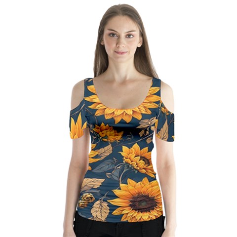 Flower Pattern Spring Butterfly Sleeve Cutout T-shirt  by Bedest