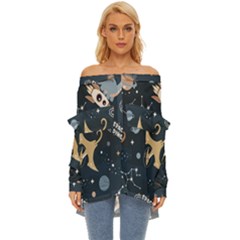 Space Theme Art Pattern Design Wallpaper Off Shoulder Chiffon Pocket Shirt by Proyonanggan