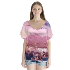 Aesthetic Landscape Vintage Cartoon V-neck Flutter Sleeve Top by Sarkoni