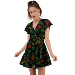 Apples Honey Honeycombs Pattern Flutter Sleeve Wrap Dress by Sarkoni