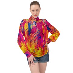 Abstract Design Calorful High Neck Long Sleeve Chiffon Top by nateshop