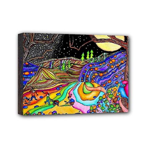 Nature Moon Psychedelic Painting Mini Canvas 7  X 5  (stretched) by Sarkoni