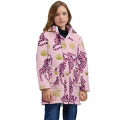 Pink Tigers And Tropical Leaves Patern Kids  Hooded Longline Puffer Jacket by Sarkoni