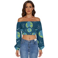 Seamless Pattern Cartoon Earth Planet Long Sleeve Crinkled Weave Crop Top by Grandong