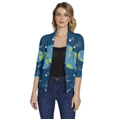 Seamless Pattern Cartoon Earth Planet Women s Draped Front 3/4 Sleeve Shawl Collar Jacket by Grandong