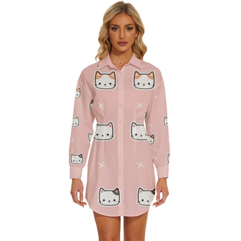 Cute Cat Cartoon Doodle Seamless Pink Pattern Womens Long Sleeve Shirt Dress by Grandong