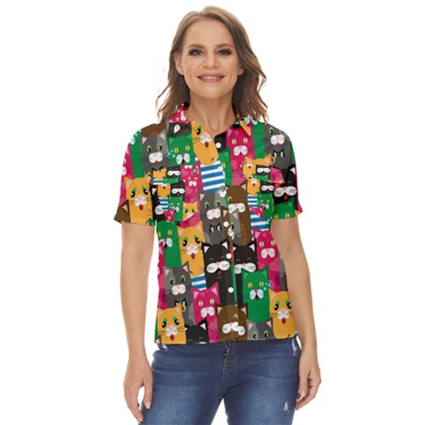 Cats Funny Colorful Pattern Texture Women s Short Sleeve Double Pocket Shirt by Grandong