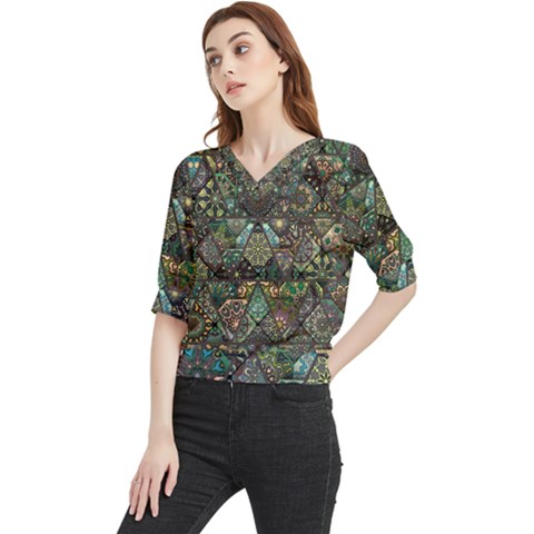 Digital Art Triangle Pattern Texture Mosaic Quarter Sleeve Blouse by Grandong