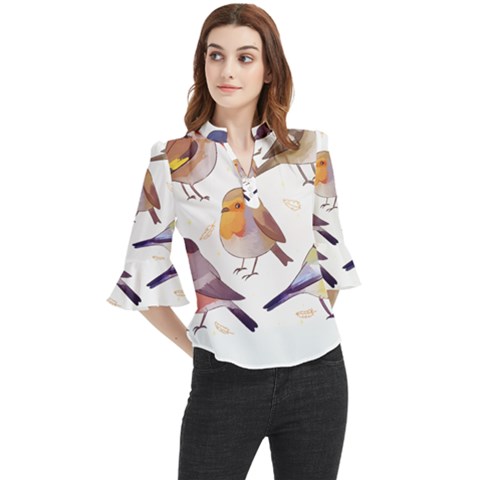 Birds Illustration T- Shirt Cute European Birds Illustration T- Shirt Yoga Reflexion Pose T- Shirtyoga Reflexion Pose T- Shirt Loose Horn Sleeve Chiffon Blouse by hizuto