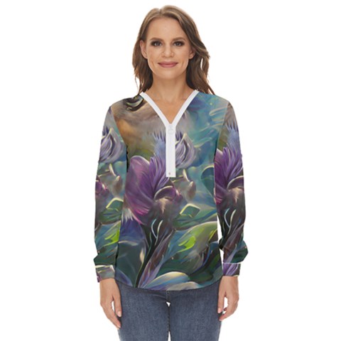 Abstract Blossoms  Zip Up Long Sleeve Blouse by Internationalstore