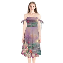 Abstract Flowers  Shoulder Tie Bardot Midi Dress by Internationalstore