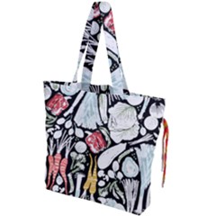 Veggies T- Shirt Go Veggie    Pattern    Black Background Sage Green Mint Goldenrod Yellow Coral And Drawstring Tote Bag by ZUXUMI