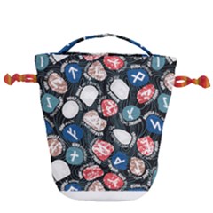 Viking Runes T- Shirt Mystical Viking Runes    Pattern    Black Background Blue Red Brown And Teal S Drawstring Bucket Bag by ZUXUMI