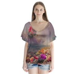 Floral Blossoms  V-neck Flutter Sleeve Top by Internationalstore