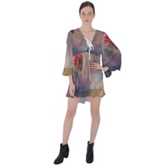Floral Blossoms  V-neck Flare Sleeve Mini Dress by Internationalstore