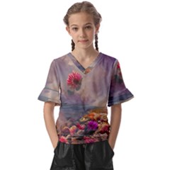 Floral Blossoms  Kids  V-neck Horn Sleeve Blouse by Internationalstore