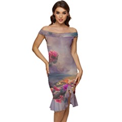 Floral Blossoms  Off Shoulder Ruffle Split Hem Bodycon Dress by Internationalstore