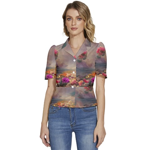 Floral Blossoms  Puffed Short Sleeve Button Up Jacket by Internationalstore