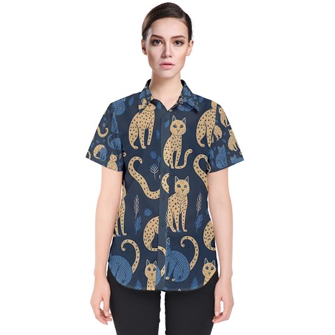 Cat Pattern Animal Women s Short Sleeve Shirt by Pakjumat