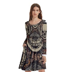 Gray And Multicolored Skeleton Illustration Long Sleeve Knee Length Skater Dress With Pockets by uniart180623