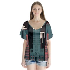New York City Nyc Skyline Cityscape V-neck Flutter Sleeve Top by uniart180623