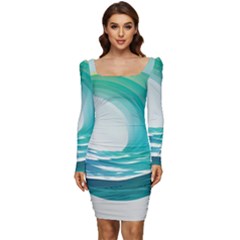 Tsunami Tidal Wave Wave Minimalist Ocean Sea Women Long Sleeve Ruched Stretch Jersey Dress by uniart180623