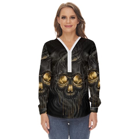 Art Fiction Black Skeletons Skull Smoke Zip Up Long Sleeve Blouse by Ket1n9