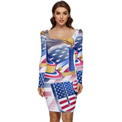 Independence Day United States Of America Women Long Sleeve Ruched Stretch Jersey Dress by Ket1n9