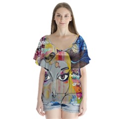 Graffiti-mural-street-art-painting V-neck Flutter Sleeve Top by Ket1n9