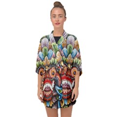 Wood Sculpture Bali Logo Half Sleeve Chiffon Kimono by Ket1n9