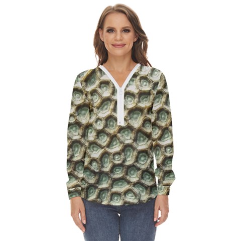 Ocean Pattern Zip Up Long Sleeve Blouse by Ket1n9