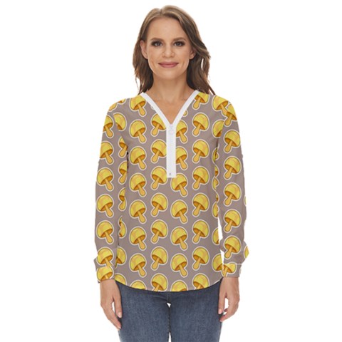 Yellow-mushroom-pattern Zip Up Long Sleeve Blouse by Ket1n9