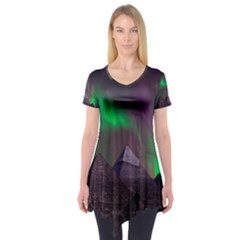 Aurora Northern Lights Phenomenon Atmosphere Sky Short Sleeve Tunic  by Grandong