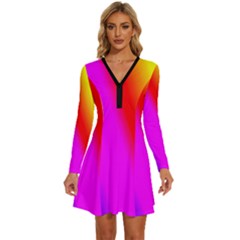 Multi-color-rainbow-background Long Sleeve Deep V Mini Dress  by Amaryn4rt